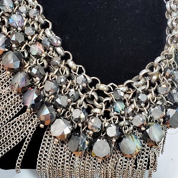 Vintage Faceted Matte and Shiny Labradorite Beads Bib Necklace with Fringe 16" - Picture 5 of 6